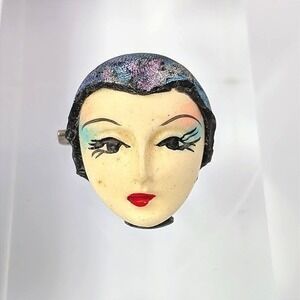 Vintage Woman Face Brooch Pin Flapper Girl Art Deco Iridescent Handpainted